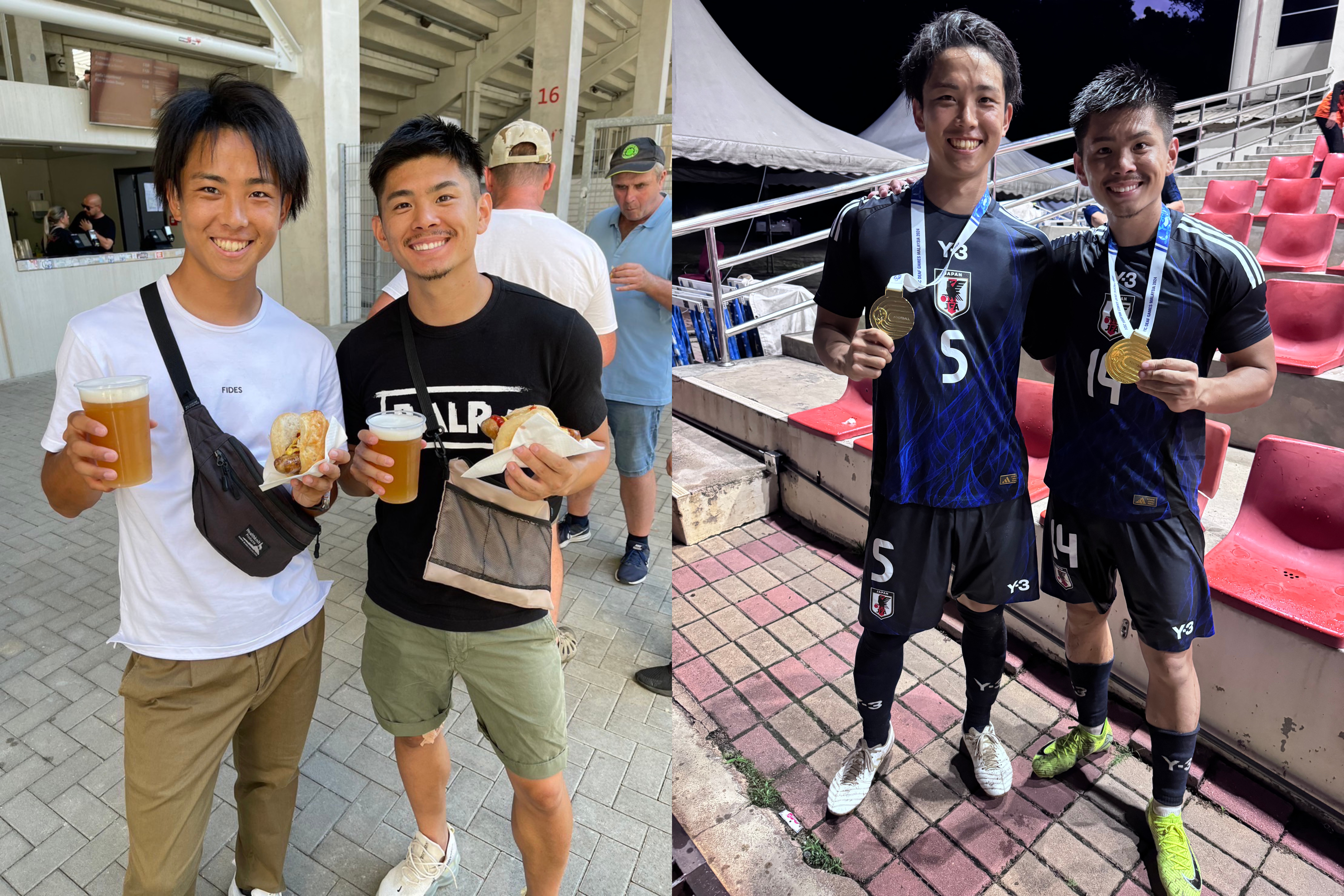 スタジアムでビールとホットドッグを持っている湯野選手と林選手の写真と、代表のユニフォームでメダルを手にしている湯野選手と林選手の写真のコラージュ画像