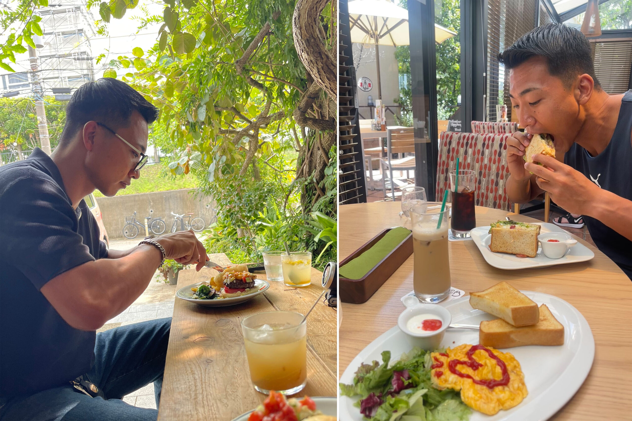 The photo of Maruyama eating morning breakfast at a cafe.